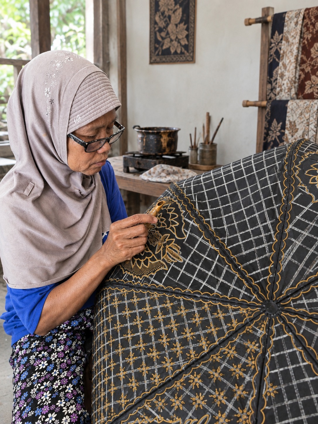 Proses membatik payung Batika dengan canting